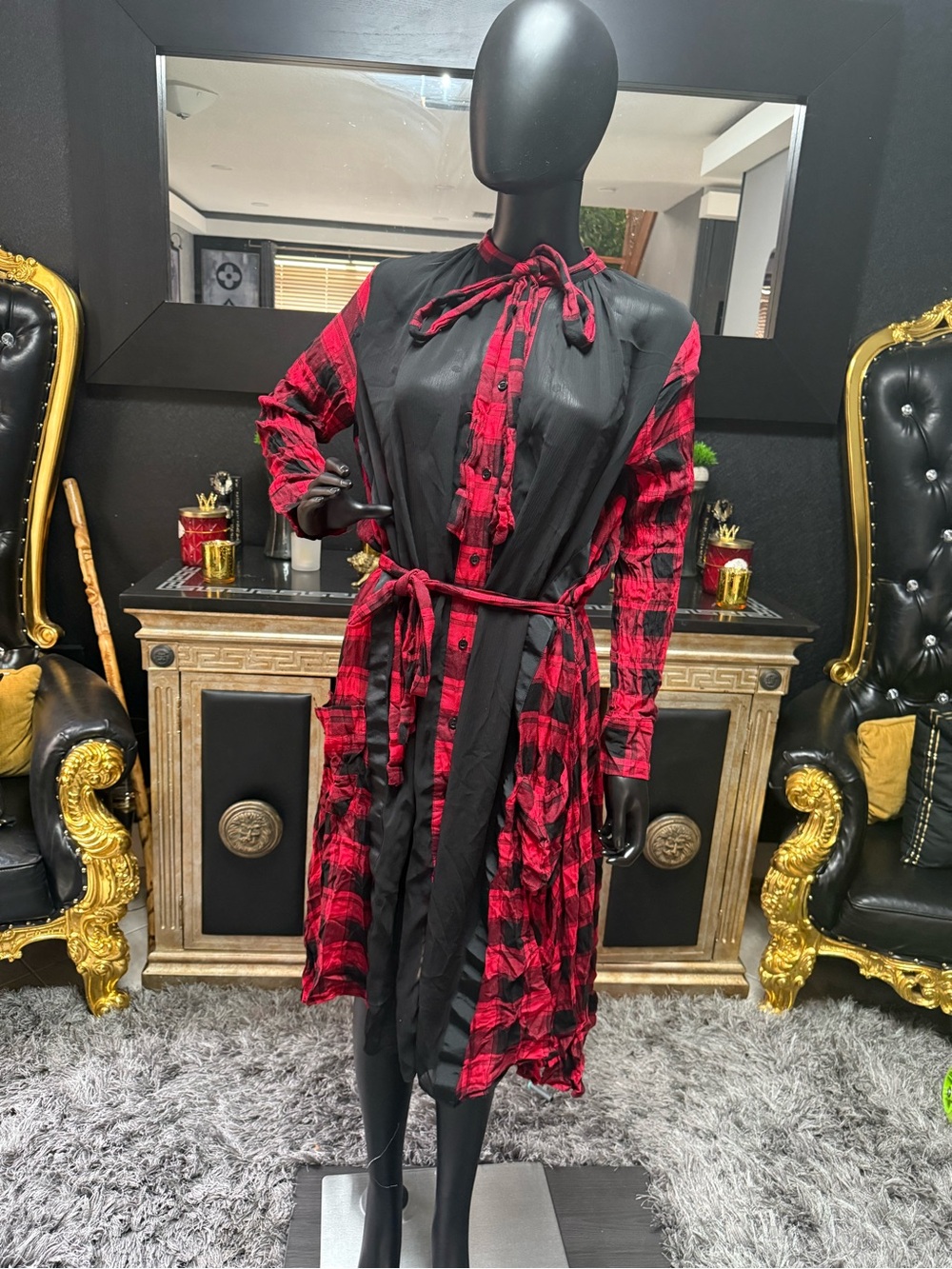 Red & Black Plaid Tie-Waist Sleep Shirt